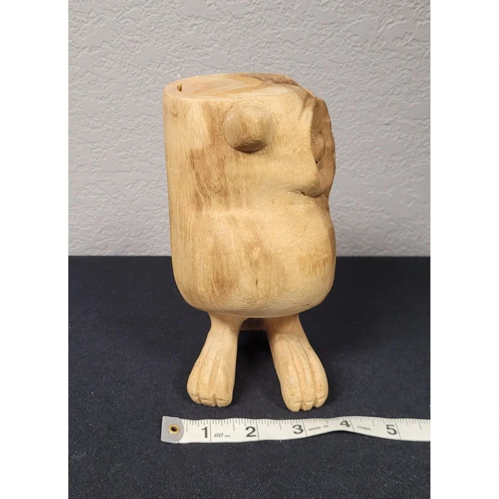 Vintage 1990s Hand Carved Wooden Hooting Owl Whistle Folk Art Bird Call